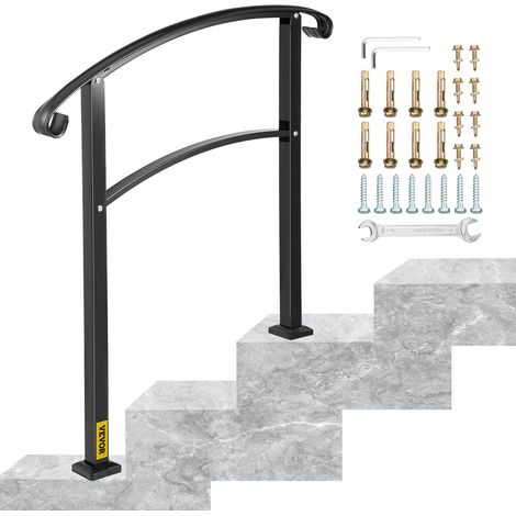 Rambarde de transition à 3 marches, compatible avec 1 ou 3 marches, finition mate, en fer forgé, avec kit d'installation, pour escaliers extérieurs (non réglable) (noir) (1/5)