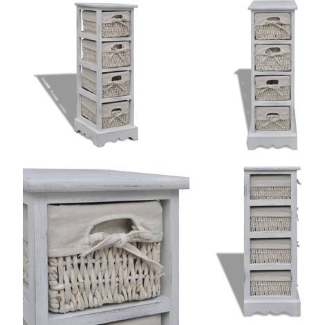 Étagère de rangement en bois 4 paniers en tissage Blanc - Meuble De Rangement - Étagère Bois - Bibliothèque Murale - Panier Tissu - Décoration Intérieure - Home & Living
