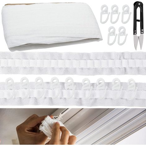30m2,5cm Gardinenband mit 60 Gardinenhaken. Kräuselband für Gardinen Meterware. Plisseeband für Fenstervorhang, Türvorhang und Duschvorhang