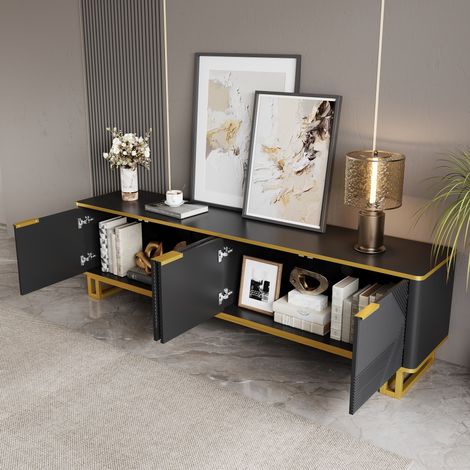 TV-Ständer 160x37,5x48cm mit 4 Türen, geometrischem Muster, goldfarbenen Eisenbeinen und schwarzem MDF.