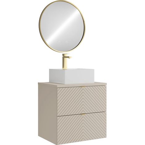 Mobile bagno sospeso con lavabo da appoggio quadrato, rubinetto e specchio Beige 60 cm - DORIONI (1/5)