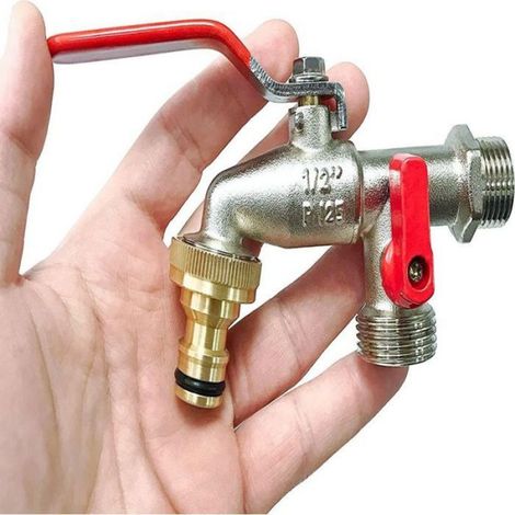 Robinet Jardin Double Sortie - Laiton - Filetage BSPT 3/4 Pouces - Pour Arrosage Et Programmateur D'irrigation - Patio Terrasse Ex (1/5)