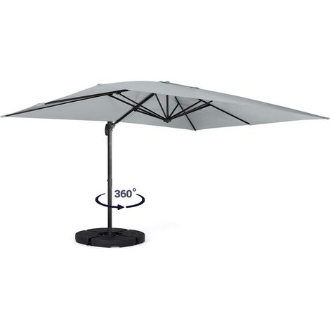 Parasol déporté inclinable rotatif 360 CALVI gris clair 3x4 M avec 4 dalles et housse