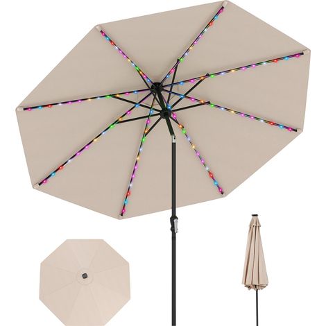 COSTWAY Ombrellone da Esterno 288 cm, con 96 Luci LED, Ombrellone Giardino con Inclinazione Regolabile, Manovella, 8 Stecche e Top Ventilato, Parasole da Mercato per Giardino Spiaggia (Beige)