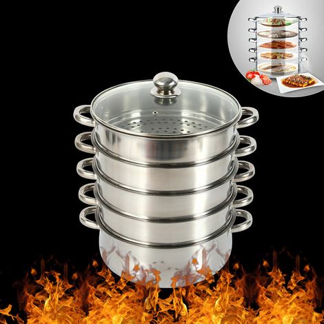 Gojoy – Cuiseur vapeur en acier inoxydable 26 cm – 4 niveaux de cuisson – Couvercle en verre – Compatible tous feux – Cuisson rapide et nutrition préservée (1/5)