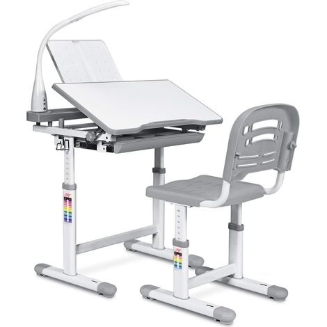 COSTWAY Escritorio para Niños con Lámpara Silla Mesa de Dibujar Lectura para Infantil Ángulo y Altura Ajustable Gris (1/5)