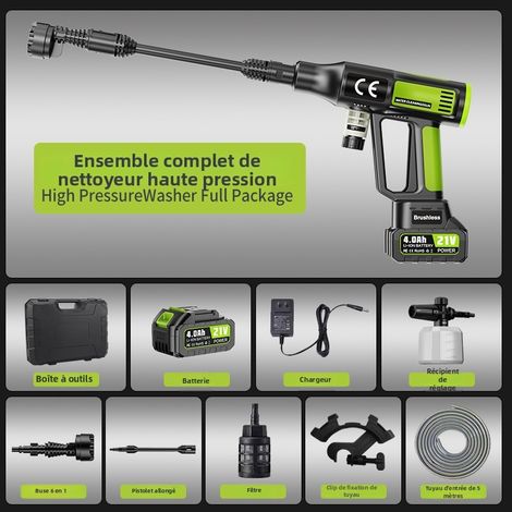 Potente idropulitrice ad alta pressione senza fili da 100 bar – 730 PSI, 21 V con 1 batteria, ugello 6 in 1, ideale per auto, patii e giardini (1/4)