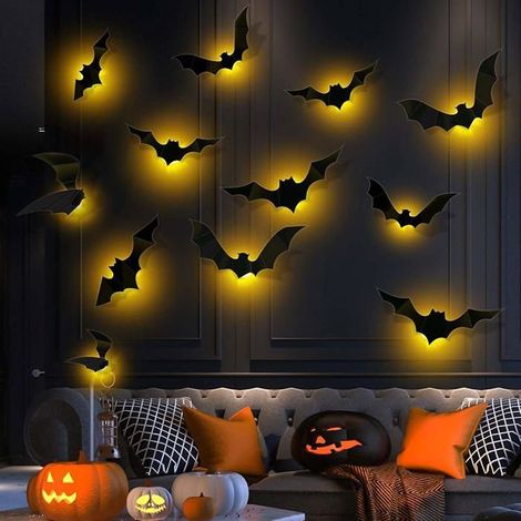12 Pièces 3D Chauve Souris Halloween, Grande Taille Horreur Chauve Souris Stickers Muraux LED, Stickers Halloween Fenetre(chaud) (1/5)