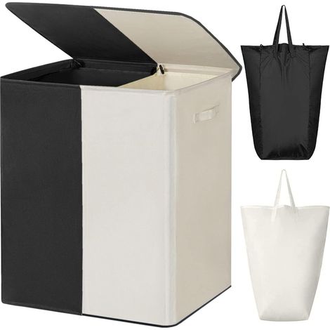 Double panier à linge avec couvercle grand panier à linge sacs à linge amovibles grand panier à linge pliable à 2 compartiments avec poignées salle de lavage placard (Noir+Beige)63x36x68cm (1/5)