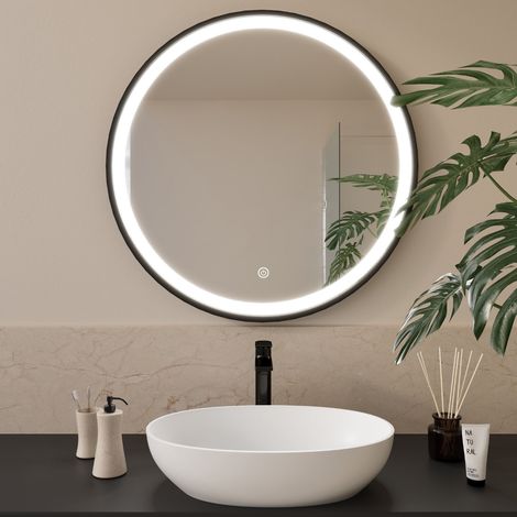 LOMAZOO Miroir rond avec éclairage, cadre noir, 80 cm - Florence