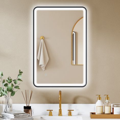 Miroir salle de bain avec éclairage 90 x 60 cm - dimmable - anti-buée - 3 couleurs lumière - miroir LED mural - noir (1/4)