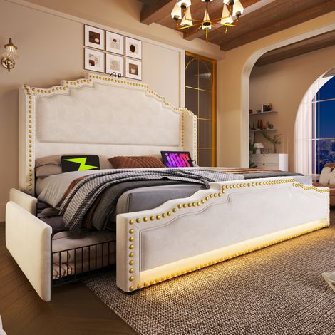 Cama doble vintage 180x200 cm de terciopelo beige con cabecero, 4 cajones, LED, USB-C y somier de láminas