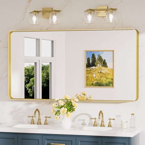 Keonjinn Wandspiegel mit Robust Gehärtetem Glas, 120x60cm Badezimmerspiegel mit Alurahmen, Rechteckiger Badspiegel Vertikal und Horizontal möglich, Gebürstet Gold