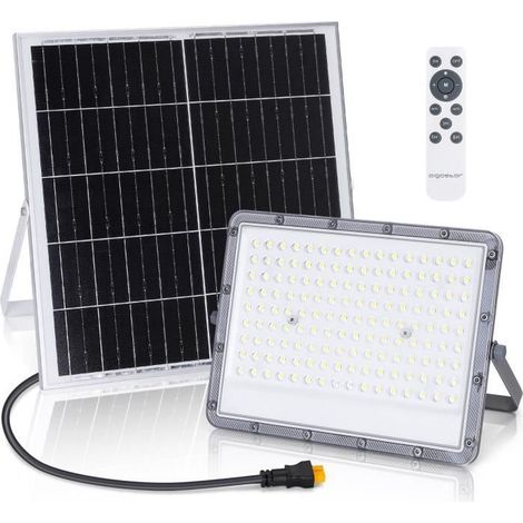 1 projecteur solaire LED extérieur, 200W panneau monocristallin, 2000 lm, IP65, télécommande, pour jardin et garage