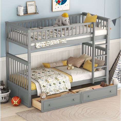 Cama Litera 90x200 Cm Cajones Almacenaje Madera Pino Gris (1/5)