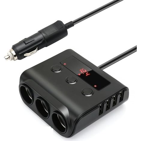 3-Port Car Charger, Cigarette Lighter Power Strip, 24V/12V Multi-Adapter, Splitter, Voltmeter, Switch, 4 USB Ports for GPS, Dash Cam, Tablet, Phone (1/5)