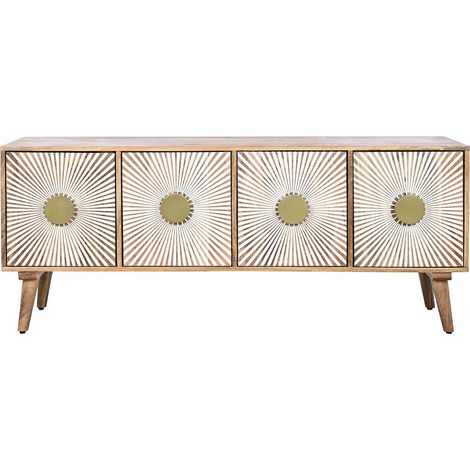 Meuble TV en bois de manguier coloris naturel, blanc - longueur 145 x profondeur 40 x Hauteur 60 cm (1/5)