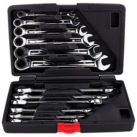 QORVA- Kit de clés fixes à cliquet 12 pièces 8-19mm – Angle de retour 5° – Embout 72 dents – Chrome vanadium pour zones difficiles d'accès