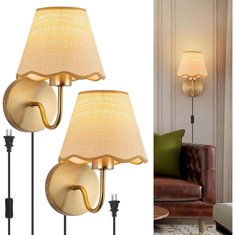 Lot de 2 appliques murales dorées – Raccordement électrique, abat-jour en rotin – Idéales pour salon, chambre, couloir et cuisine – Design élégant et intemporel – Ampoules non incluses (1/5)