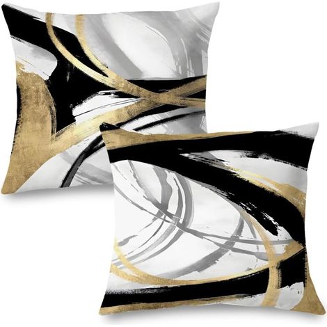 Couvertures d'oreillers noir blanc et or, abstrait noir et or Couvertures d'oreillers 18x18 Set de 2, décor intérieur moderne Boho, pour canapé Salon (1/5)