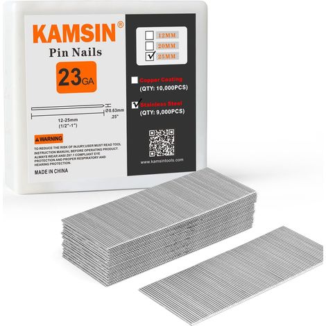 Lot de 9 000 clous à épingler sans tête de calibre 23, 25 mm, longueur de jambe, 9 000 pièces/boîte, clous de travail du bois pour cloueuse pneumatique (1/5)
