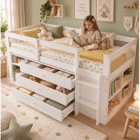 Cama semialta infantil 90x200 cm de madera blanca, 3 cajones, sin colchón – MEUBLIV (1/5)