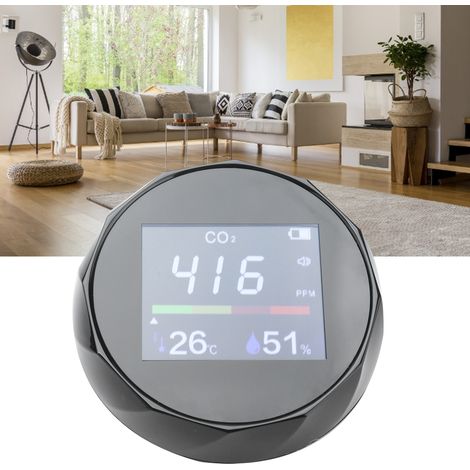 Détecteur de qualité de l'air avec compteur de température et d'humidité, détecteur multifonctionnel, détecteur de qualité de l'air mural, rechargeable par USB, noir. (1/5)