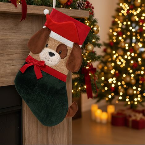 Calza natalizia in poliestere con cagnolini, decorazione da h 45 cm -Marrone (1/4)