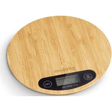 Báscula digital de cocina redonda de bambú 5 kg con display LCD