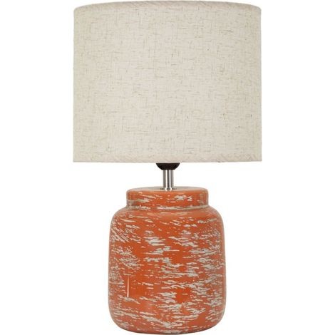 Lampada da tavolo con base in ceramica arancione e paralume in tessuto (1/5)