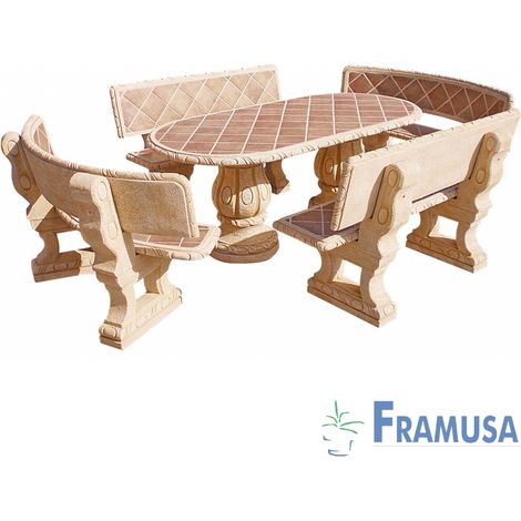 CONJUNTO COMEDOR PIEDRA OVALADO JARDIN CIRUELO TOSTADO CON AZULEJOS OCRE