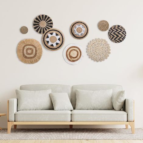 Lot de 9 paniers muraux bohème, décoration murale tissée, jonc de mer, rotin, décoration murale bohème, pour ferme, chambre à coucher, salon, table d'exposition (1/5)