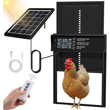Porte de poulailler solaire, porte de poulailler automatique à énergie solaire et chargement USB, porte de poulet automatique 4 modes avec minuterie et capteur de lumière