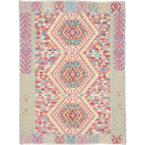 Tapis kilim 125 x 170 cm, ethnique, multicolore, bleu et rose, en laine naturelle, tissé plat artisanal (1/5)