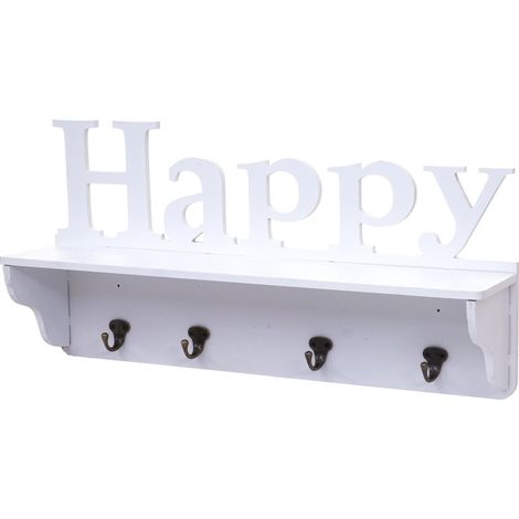 [JAMAIS UTILISÉ] Garderobe murale HHG-807 Happy, planche vestiaire, étagère, 4 crochets massifs 30x60x13cm, blanc (1/5)