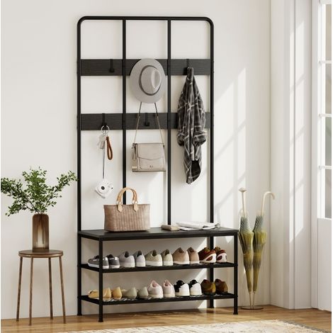 3-in-1-Garderobenständer für den Eingangsbereich mit Bank und Schuhregal, schwarz OKMYHOME (1/5)