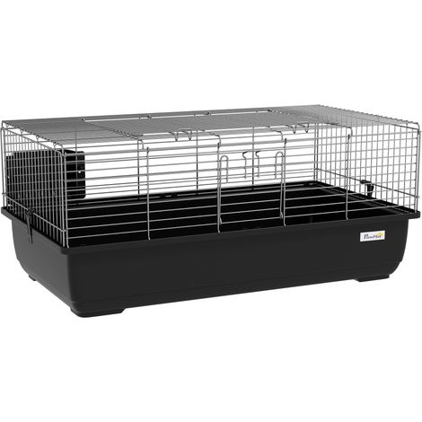Gabbia per Conigli a 2 Porte con Vassoio Rimovibile, en Metallo e Plastica PP, 100x55x41 cm, Nero e Argento. Cette cage pour rongeurs et petits animaux est conçue avec des matériaux de haute qualit... (1/5)