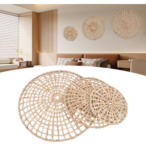 "Cesta redonda tejida como decoración de pared - 3 diámetros (50 cm, 35 cm, 25 cm) - Artesanía en ratán 3D de estilo rústico" (1/5)