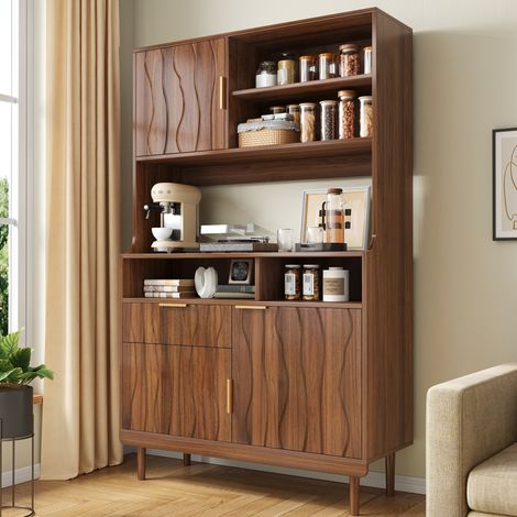 Hohes MDF/Spanplatten-Sideboard mit Regalen, Schublade, Türen, 100x32x170 cm, Nussbaum OKWISH (1/5)