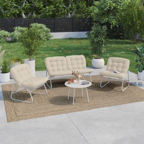 ARONA conjunto de muebles bajos de jardín de 4 plazas en metal blanco y cojines beige con sofá, sillones y mesa