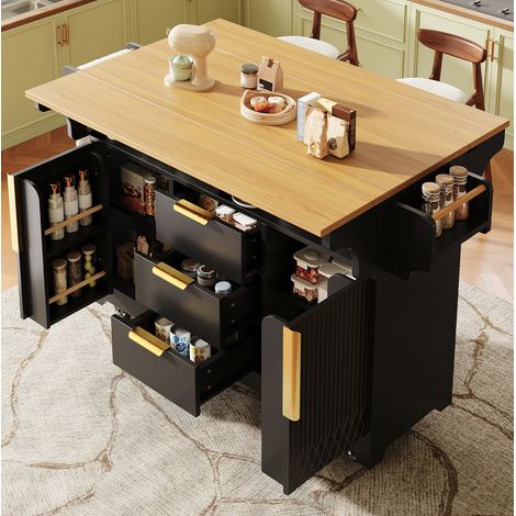 Carrello da cucina mobile estensibile 120-197 cm, 3 cassetti, vano portaoggetti, ripiani pieghevoli, MDF nero (1/5)