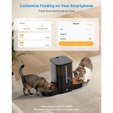 Distributeur de croquettes automatique connecté pour 2 chats, gamelle intelligente avec contrôle d'application et enregistrement vocal, alimentation programmable double bol