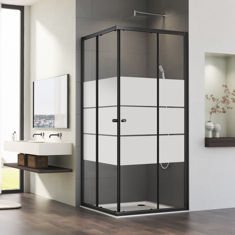 Schwarz 100x100x185cm Duschkabinen Milchglas Duschkabine Eckeinstieg mit Doppel Schiebetüren Duschabtrennung Duschschiebetür 6mm ESG Glas, LINKS & RECHTS MONTIERBAR (1/4)