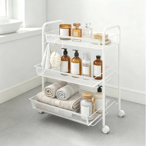 Carro de almacenamiento de acero con 3 cestas y ruedas blanco 45 x 26,5 x 63 cm OKWISH (1/5)