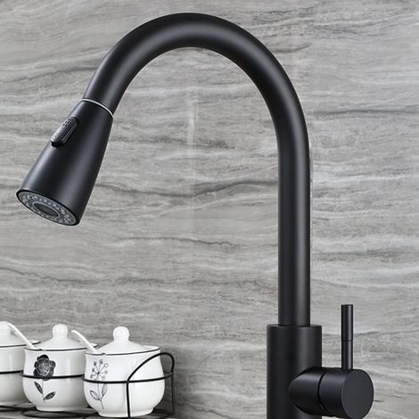 Robinet de cuisine avec douchette extractible, robinet d'évier de cuisine monotrou en acier inoxydable à bec haut, noir mat (1/5)