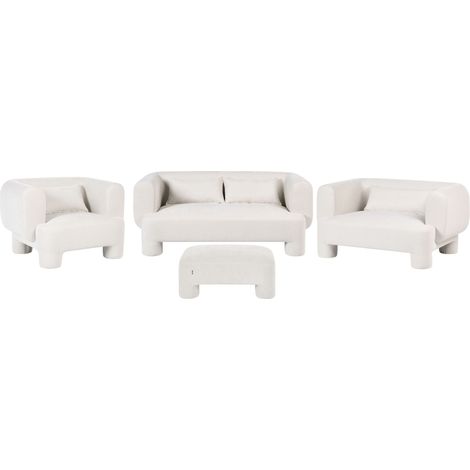 Set da salotto Divano a 3 posti Divanetto Poltrona Pouf Tessuto Bianco Hogbo
