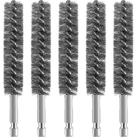 5pcs Brosse MéTallique de Brosse D'AléSage D'Acier Inoxydable pour la Brosse MéTallique de Nettoyage de Perceuse Brosse D'Acier Inoxydable avec la PoignéE de Tige Hexagonale, Argent (1/4)