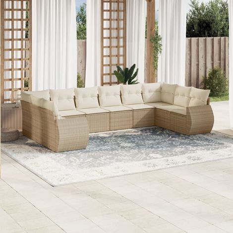 Ensemble Salon Jardin 10 Places Résine Tressée Beige avec Coussins - Canapé Modulaire d'Extérieur (1/4)