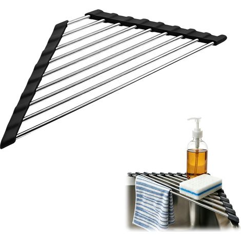 Égouttoir triangulaire enroulable en acier inoxydable noir - Organiseur d'évier peu encombrant pour la cuisine - Égouttoir antirouille avec revêtement en silicone comme dessous de plat (1/5)