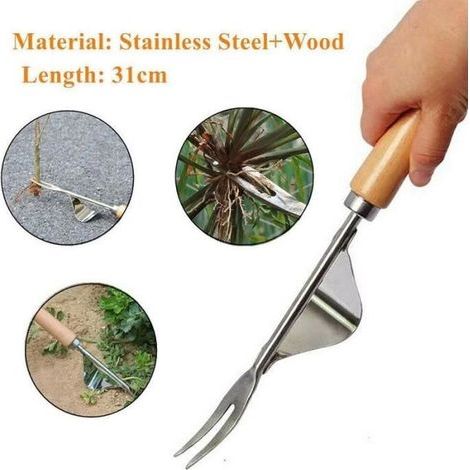 Pelle, a versatile stainless steel weeder with a wooden handle, for manual cutting, weeding, and extraction tasks.